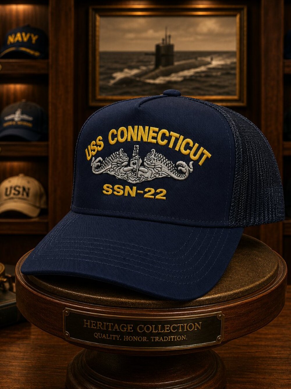 USS Connecticut SSN-22 Mesh Snapback Cap Hat Navy Blue Boat Submarine